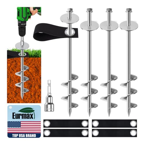 Eurmax USA 4 Pack Universal Ground Anchors High Wind, Heavy Duty Screw-in Trampoline Stakes with 4 Straps, Upgraded Commercial Anchor Kit for Outdoor Sheds, Swing Sets & Mobile Homes (Silver) - color: Silver, style: Hex Head