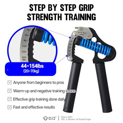 GD IRON GRIP 70 Grip Strength Trainer Hand Gripper Forearm Strengthener | Adjustable 44~154lbs Resistance, hand finger exerciser, forearm trainer squeezer, hand strengthening devices, Metal Hand Grip
