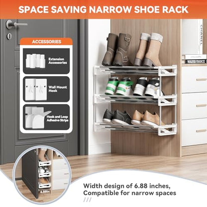 3 Tier for Wall Mounted Shoe Rack with Hook and Loop Sticky Adhesive Strips Shoe Shelf, Slim Shoe Rack Space Saving Design Wall Shoe Organizer for RV - color: White