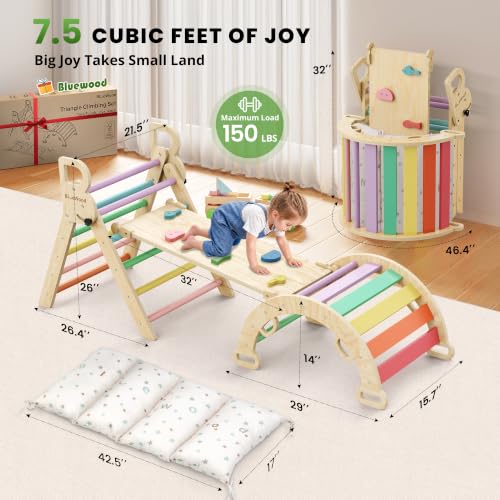 Pikler Triangle Set with Cushion, Wooden Climbing Toys for Toddler | Foldable 8-in-1 Montessori Philosophy Toddler Climbing Toys Indoor with Reversible Ramp, Arch and Ladder - Sunshine Rainbow - color: Sunshine Rainbow