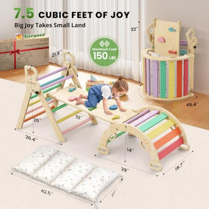 Pikler Triangle Set with Cushion, Wooden Climbing Toys for Toddler | Foldable 8-in-1 Montessori Philosophy Toddler Climbing Toys Indoor with Reversible Ramp, Arch and Ladder - Sunshine Rainbow - color: Sunshine Rainbow