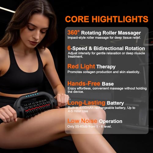 Electric Rolling Massager with Redlight, Lymphatic Drainage Massage | Muscle Recovery Stick and Back Massage Roller, Rechargeable 6-Speed Cellulite Roller for Arm Legs Calf Foot