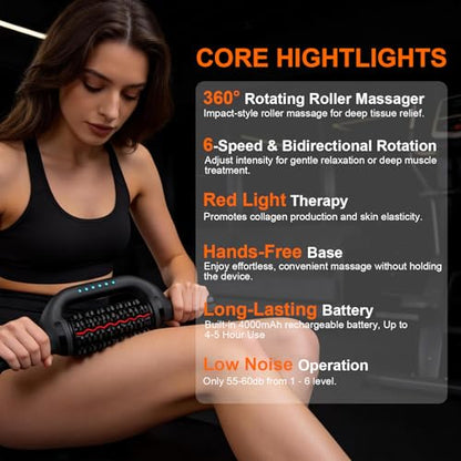 Electric Rolling Massager with Redlight, Lymphatic Drainage Massage | Muscle Recovery Stick and Back Massage Roller, Rechargeable 6-Speed Cellulite Roller for Arm Legs Calf Foot