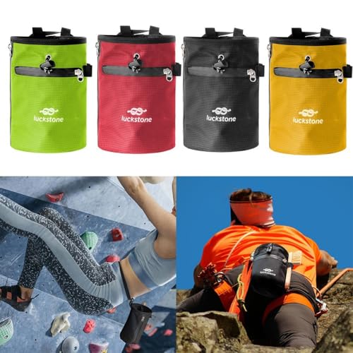 Climbing Chalk Bag with Drawstring Closure, 420D Nylon Anti-Slip Bucket for Rock Climbing Bouldering Gymnastics Weightlifting, Adjustable Waist Belt and Carabiner Clip Included, Black(Red) - size: Red