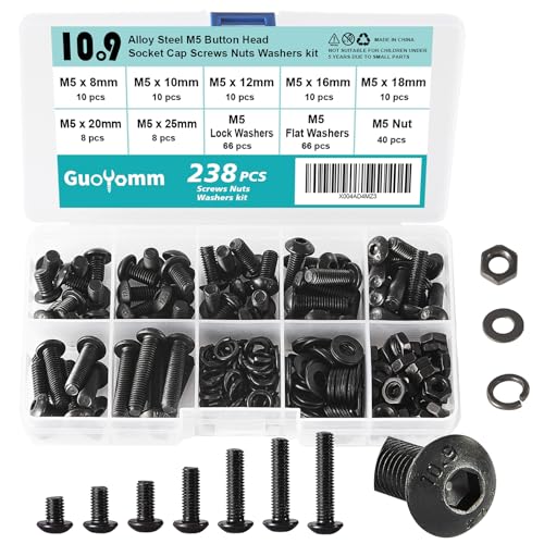 238 PCS M5 x 8mm 10mm 12mm 16mm 18mm 20mm 25mm, Button Head Socket Cap Screws Bolts Washers Nuts Assortment Kit, 10.9 Grade Alloy Steel, Black Oxide Finish, Metric Allen Hex Drive - size: Button M5x8/10/12/16/18/20/25 mm