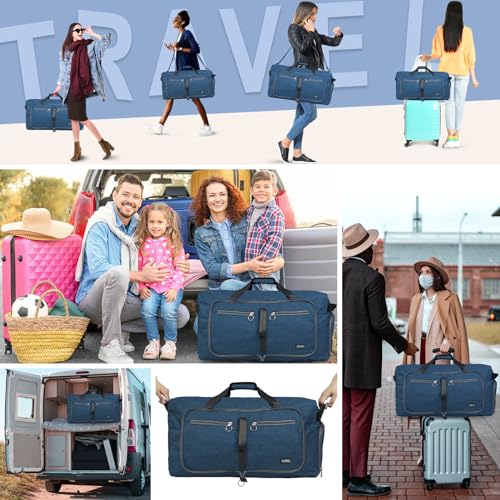 Fmeida 65L Duffle Bag with Shoes Compartment, Foldable Travel Duffel Bags for Men Women, Large Packable Travel Bag Water Repellent & Tear Resistant (Blue) - color: Textured Blue