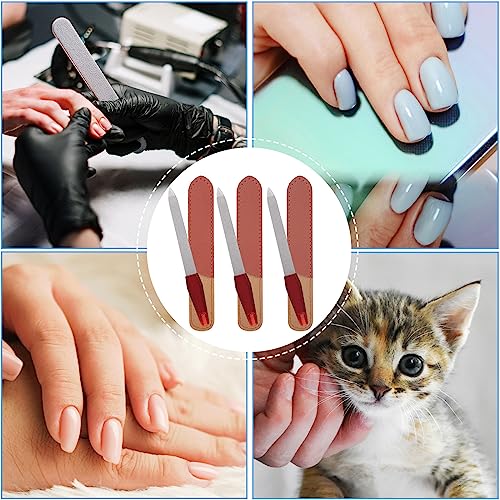 3 Pack Metal Nail File with Sharp Pointed Tip and Leather Sheath Case for Natural Nails, 5 Inches Fingernail Files Stainless Steel Manicure Double Sided Sapphire Grit Nail Filer Silver Brown