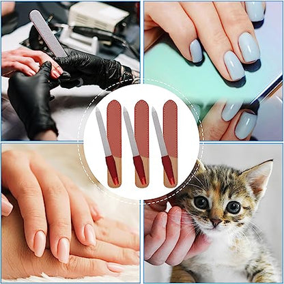 3 Pack Metal Nail File with Sharp Pointed Tip and Leather Sheath Case for Natural Nails, 5 Inches Fingernail Files Stainless Steel Manicure Double Sided Sapphire Grit Nail Filer Silver Brown