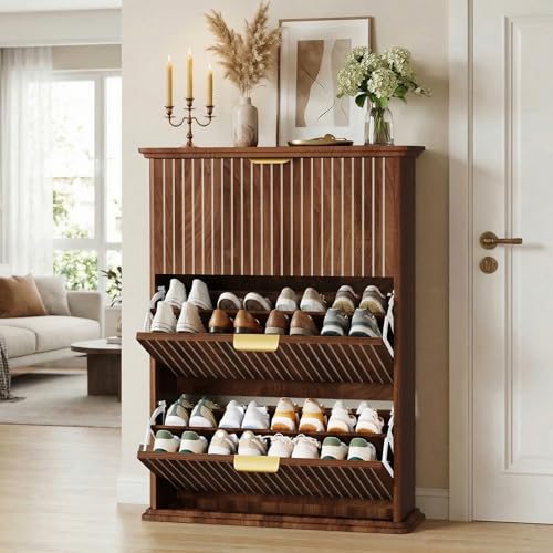 Walnut Hidden Shoe Storage Cabinet,Narrow Shoe Rack Cabinet with 3 Flip Drawers,Freestanding Shoe Organizer for Entryway