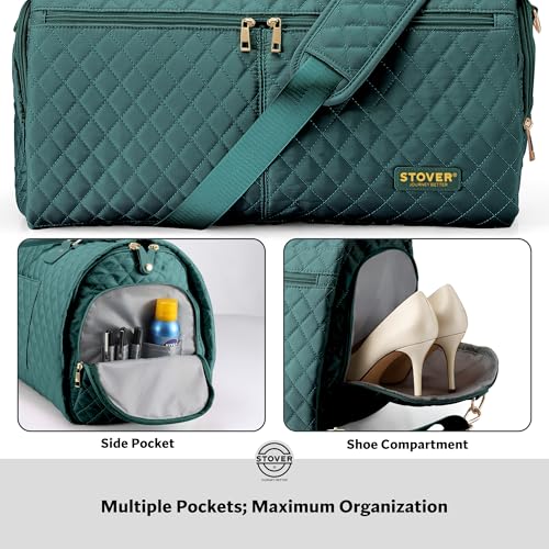 STOVER Women’s Convertible Garment Duffel Bag for Travel – 2-in-1 Carry-On Weekender/Overnight Tote - Wrinkle-Free Dresses, Suits & Clothes + Shoe Compartment & Bonus Toiletry Bag (Emerald Green) - color: Emerald Green