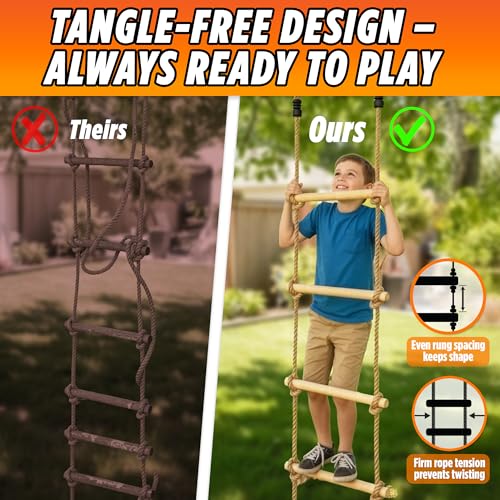 Wooden Rope Ladder for Kids - 6ft Tree Climbing Ladder with Carabiners | Real Wood Rungs, Heavy-Duty Rope, Holds 220 lbs, No-Tool Setup, for Treehouse, Swing Sets and Ninja Warrior Obstacle Course