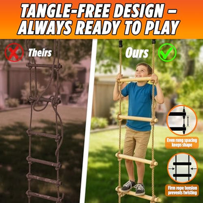 Wooden Rope Ladder for Kids - 6ft Tree Climbing Ladder with Carabiners | Real Wood Rungs, Heavy-Duty Rope, Holds 220 lbs, No-Tool Setup, for Treehouse, Swing Sets and Ninja Warrior Obstacle Course