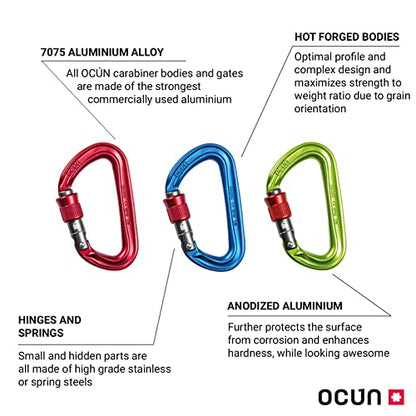 Ocun Hawk Carabiner with Screw Lock, 3-Pack for Rock Climbing, Multipitching and Belaying