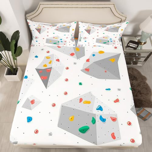 Erosebridal Climbing Wall Twin Bedding Set for Kids Teens Adults, Colorful Climbing Holds Printed Fitted Sheet, Rock Climbing Bouldering Bed Sheets, Bouldering Sports Theme Sheets - color: Grey White, size: Twin