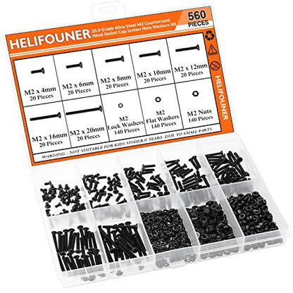 HELIFOUNER 560 Pieces M2 x 4mm /6mm /8mm /10mm /12mm /16mm /20mm, Countersunk Head Socket Cap Screws Bolts Washers Nuts Kit, 10.9 Grade Alloy Steel, Full Threaded, Black - size: M2, style: Countersunk Head