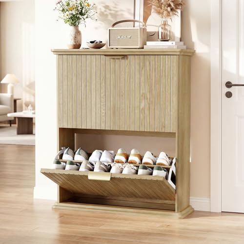 Natural Wood Slim Shoe Storage Cabinet with Fluted Doors,31.5" Modern Hidden Shoe Rack with 2 Flip Drawers,Rounded Corners,Wall-Mounted Narrow Shoe Organizer - color: Oak, size: 37.4Inch