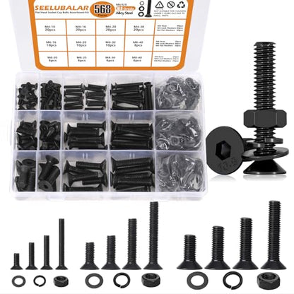 568 pcs M4/M6/M8 Hex Socket Flat Head Screw Bolts and Nuts Kit, 10.9 Grade Alloy Steel Metric Thread Hexagon Allen Machine Bolt, Black Screws Assortment Kit，A Black Hex Flat Head Cap Bolts - style: Flat Head Socket Cap - Kits