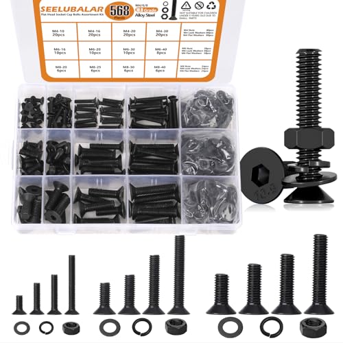 568 pcs M4/M6/M8 Hex Socket Flat Head Screw Bolts and Nuts Kit, 10.9 Grade Alloy Steel Metric Thread Hexagon Allen Machine Bolt, Black Screws Assortment Kit，A Black Hex Flat Head Cap Bolts - style: Flat Head Socket Cap - Kits