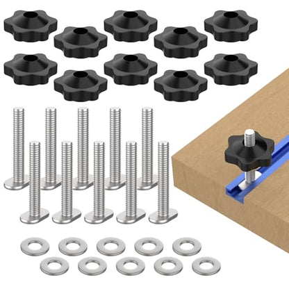 10 Sets of 1/4"-20 T Track Knob Kit, Star Knobs Kit Include 1/4-20 Threaded Bolt 2-1/2" Length with Washers, T Track Accessories for Woodworking Jigs and Fixtures - size: 1/4"-20 inch 10 Sets, 2-1/2" Length