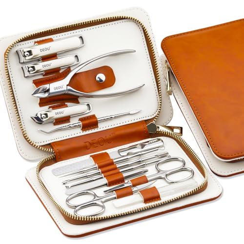 DEOU 13pcs Women Nail Grooming Kit Stainless Steel Professional Manicure Set Nail Care Tools with Luxurious Portable Travel Case Gift | Manicure Pedicure Kit for Men Women, Nail Care Cuticle Tools, Luxury Finger & Toe Nail Clipper Set, Grey Travel Case -