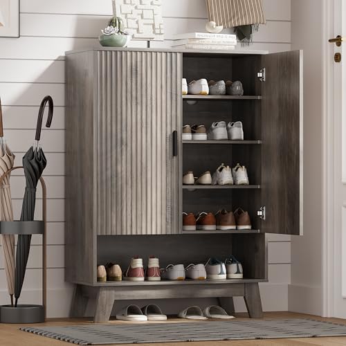 HUANLEGO Shoe Cabinet Storage for Entryway with Doors, Grey | 5 Tier Fluted Shoe Organizer with Adjustable Shelves, Shoe Storage with Wooden Legs, Freestanding Shoe Rack for Entryway - color: Grey, size: 5 Tier