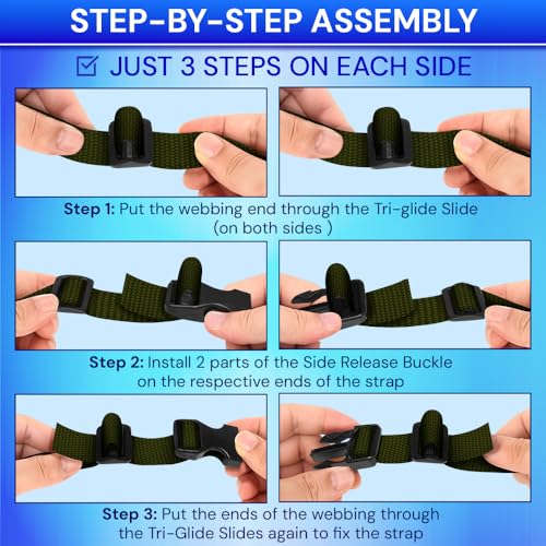 TECEUM 3/4" Nylon Strap Kit with Buckles, Khaki 6 yards Repair Set | Heavy duty hardware kit: 6yd webbing, 6 quick release buckles, 12 tri-glide slide clips, 6 metal D-rings for crafting. - color: Khaki, size: 3/4" - 6 yards, style: 6 Buckle - 12 Slides -