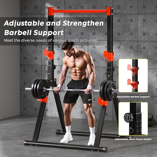DlandHome Foldable Power Tower Pull Up Bar Dip Station, Adjustable Height Multifunction Workout Pull Up Tower Station for Home Gym, Strength Training Equipment, Triangular Legs, Up to 330lbs - color: Red