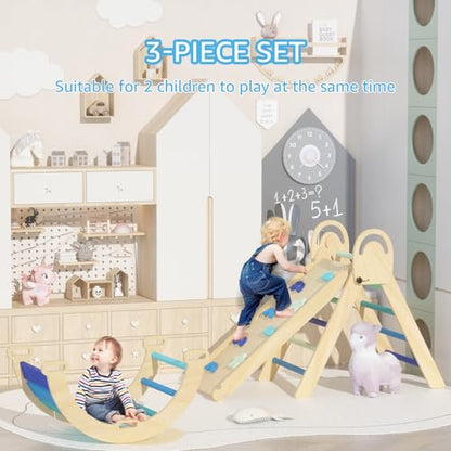 Pikler Triangle Set, Montessori Climbing Set, Baby Climbing Playset Toys Indoor, Jungle Gyms for Toddlers Ages 1-4, Toddler Climbing Playground (Blue-Nature) - color: Nature-blue