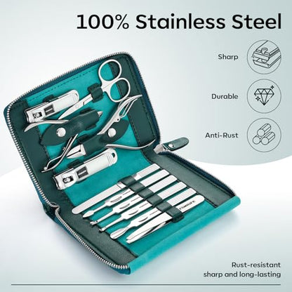 FAMILIFE Nail Kit, Professional Manicure Set Manicure Kit, 11 in 1 Stainless Steel Nail Clippers Set Pedicure Tools, Men Grooming Tool with Portable Blue Leather Travel Case Luxury Gifts for Him - color: Blue