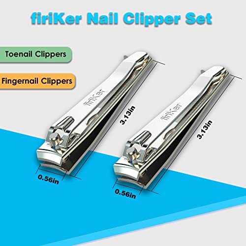 firiKer 2PCS Stainless Steel Nail Clippers,Professional Fingernail Clipper and Toenail Clipper, Wide Easy Press Lever Nail Cutter with Swing Out Nail Cleaner/File for Men and Women - color: Silver