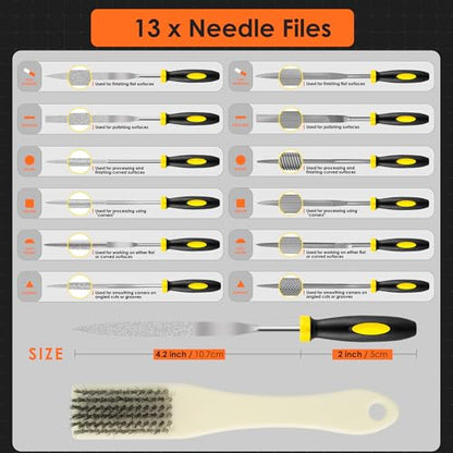 Small File Set, Needle Diamond File 13PCS, 6pcs Jewlers Files & 6pcs Steel Files Precision Metal Work, Woodworking, Plastic Carving Tool with Steel Brush and Carry Case - color: Black-13pcs