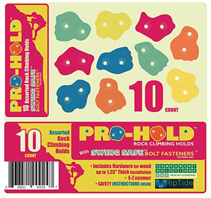 10 Assorted Deluxe Rock Climbing Holds for Kids :: Outdoor Climbing Stones Kit with 20 Swing Safe Fasteners + Drill Bit :: Easy to Install on Lumber from 3/4" to 1.25" Thick - style: 10 Rocks
