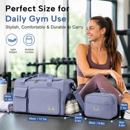 FIORETTO Women's Gym Duffle Bag with Shoes Compartment, 30L Capacity, Ideal for Travel, Gym, Sports, Duffel, Weekender - color: Grayish Blue, style: Gym Bag With Toiletry Bag