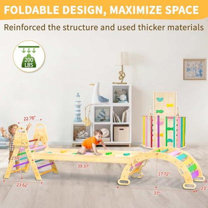 7in1 Extra Large Pikler Triangle Set, Indoor Climbing Toys for Toddlers, Foldable Wooden Montessori Climbing Set with Arch, Ramp & Ladder Baby Indoor Playground Jungle Gyms for Toddlers