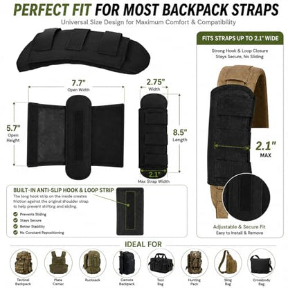 1 Pair Tactical Backpack Shoulder Pads, Thick Shoulder Cushion for Heavy Backpacks Plate Carrier & Rucksack, Fits Straps Up to 2.5", Breathable 3D Mesh, Hook & Loop Fastener, Rucking Hiking & Military