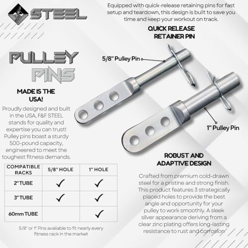 F&F STEEL Adjustable Fitness Rack Pulley Pin - Fits 2" & 3" Racks with 5/8" or 1" Hole Size - Heavy-Duty, Gym Equipment for Home Workouts, Strength Training, and Muscle Building - Compact Design