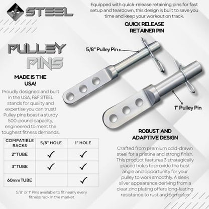 F&F STEEL Adjustable Fitness Rack Pulley Pin - Fits 2" & 3" Racks with 5/8" or 1" Hole Size - Heavy-Duty, Gym Equipment for Home Workouts, Strength Training, and Muscle Building - Compact Design