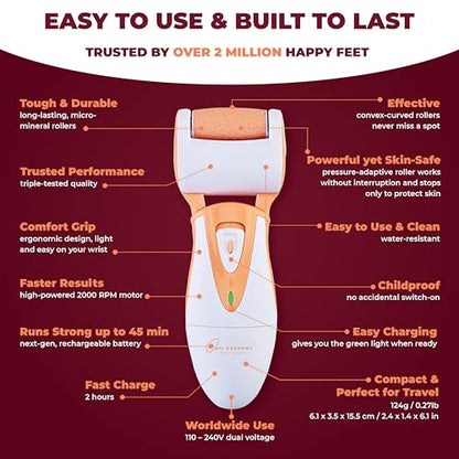 Rechargeable Callus Remover for Feet: Professional Electric Feet Sander for Women by Own Harmony - Electronic Foot File CR900 with 3 Rollers, Foot Grinder Pedi Care for Cracked Heels & Dry, Hard Skin - color: Peach