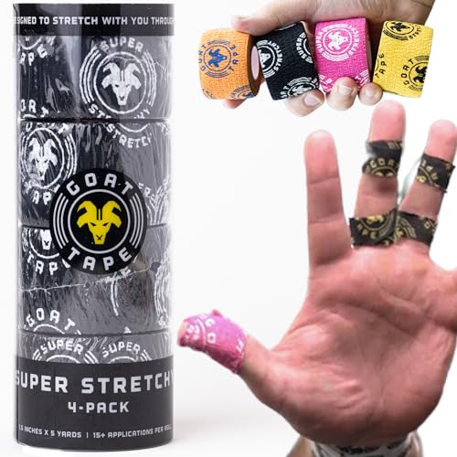 Goat Tape Super Stretchy Thumb Tape - Weightlifting Hook Grip Tape & WOD Tape for Cross Training, Gym Workout Tape, Athletic Finger Wrap - Flexes with Every Move - 15 Feet per Roll (Black 4-Pack) - color: Black 4-pack