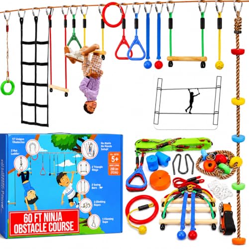 Hyponix Ninja Warrior Obstacle Course for Kids – 2 x 60 ft Slackline with 13 Outdoor Ninja Obstacles, Supports 880lbs – Monkey Net, Ratchet-Tight Tech, Climbing, Swinging & Balance Training, Ages 3+ - color: Multicolor, size: 2 x 60' + 13 Obstacles
