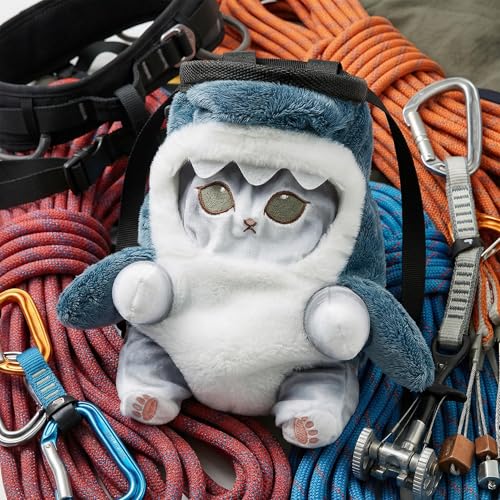 Cat Rock Climbing Chalk Bag, Fun Plush Animal Chalk Pouch with Drawstring, Adjustable Waist Belt for Indoor Outdoor Bouldering Sport Climbing - style: Small Grey Shark Cat