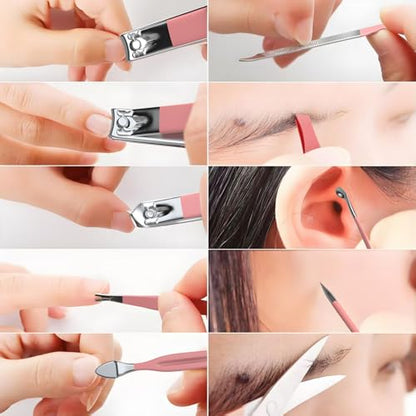 ZIZZON Travel Mini Manicure Set Nail Clipper Set 10 in 1 Stainless Steel Pedicure Care Grooming kit with Case Pink - color: Pink