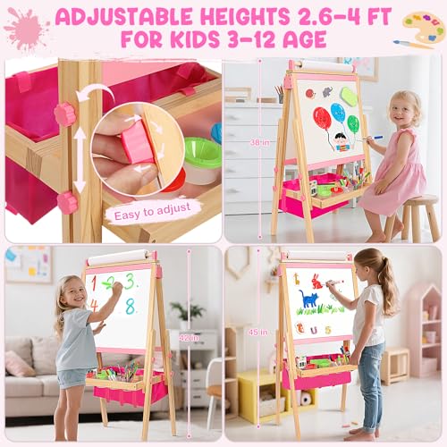 Wooden Easel for Kids, All-in-ONE Adjustable Easel with Art Supplies, Magnetic Double Sided Whiteboard & Chalkboard, Ideal Christmas, Birthday Gift for Boys & Girls Age 3, 4, 5, 6, 7, 8+ Years Old