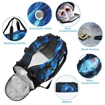 Kids Sports Duffel Bag for Boys & Girls - Blue Flame Dragon 100% Polyester Gym Bag with Separate Shoe Compartment, Adjustable Shoulder Strap, Compact Travel & Workout Gear Bag - color: Blue Flame Dragon