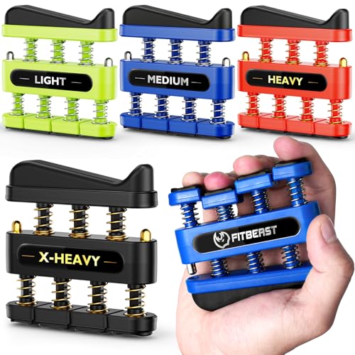 FitBeast Finger Strengthener, Finger Exerciser, Hand Exerciser for Improve Dexterity and Strength in Fingers, Hands, Forearms–Grip Strength Trainer for Musicians, Climbers - color: 4 Piece Set -Green Blue Red Black
