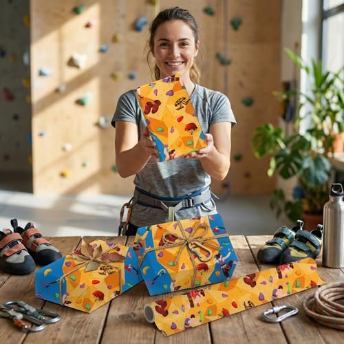 Liobelon Rock Climbing Wrapping Paper Roll – 17" x 16.5 Ft Climbing Gear Gift Wrap with Climbers, Carabiner, Rope & Chalk Bag, Bouldering Birthday Supplies for Outdoor Adventurers - color: Rock Climbing