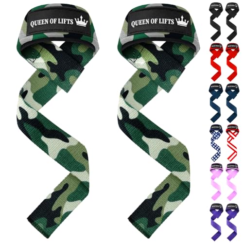 TECEUM Lifting Straps for Weightlifting Gym Strength Training - Wrist Straps with Neoprene Padded Cotton - Men & Women – Ideal for Powerlifting, Bodybuilding & Deadlifts - color: Camo, size: 18" - Queen Of Lifts