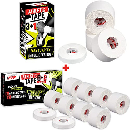 Athletic Tape Extremely Strong: 11 Rolls + 3 Finger Tape. Easy to Apply & No Sticky Residue. Sports Tape for Boxing, Football or Climbing. Enhance Wrist, Ankle & Hand Protection Now