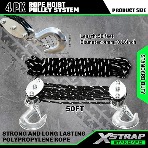 XSTRAP STANDARD Heavy-Duty 50 FT Reflective Rope Hoist Pulley System, Black | Metal Wheels Bearing 2000 LB Breaking Strength Block and Tackle Pulley System for Lifting Heavy Objects, with 2pcs Soft Loops - color: 50ft Black with Reflective Strips
