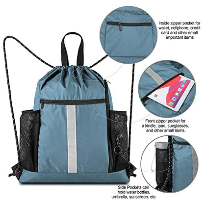 BeeGreen Blue Sport Cinch Bag String Backpack with Shoe Compartment and Two Side Mesh Pockets Machine Washable Sturdy Gymsack Drawstring Sackpack - color: Blue Haze, style: Drawstring With Shoe Compartment